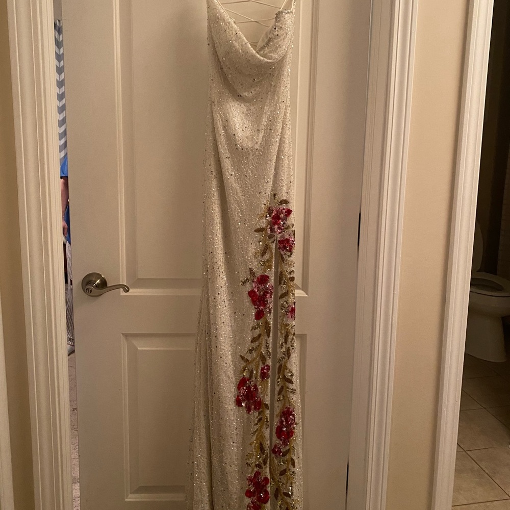 white prom dress with slit on leg